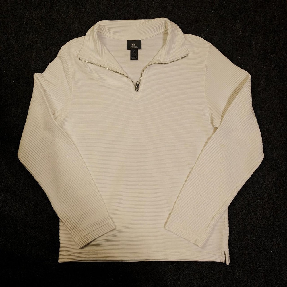 H&M Mens S White Ribbed Ottoman Knit Quarter Zip Pullover Sweater Small